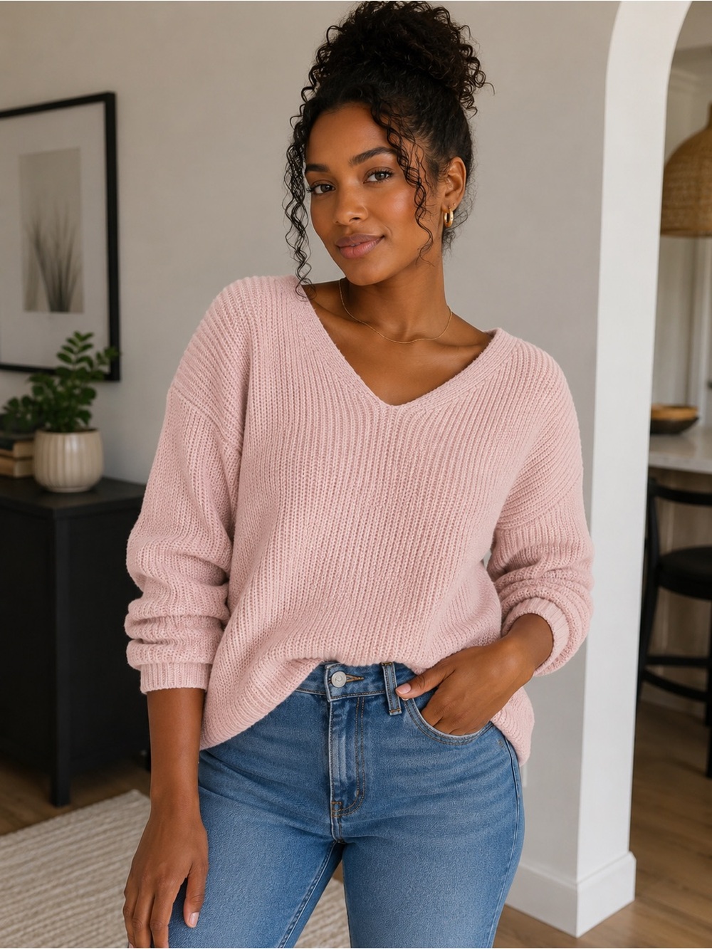 Miracle USA Blush Pink Twist Back Sweater M/L Chunky Knit V-Neck Pullover